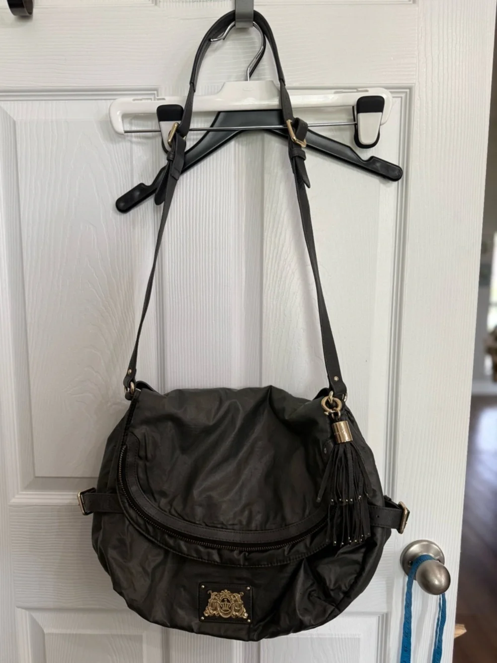 Juicy Couture Dark Olive Green Slouchy Hobo Bag Gold Crest Tassel Y2K Boho